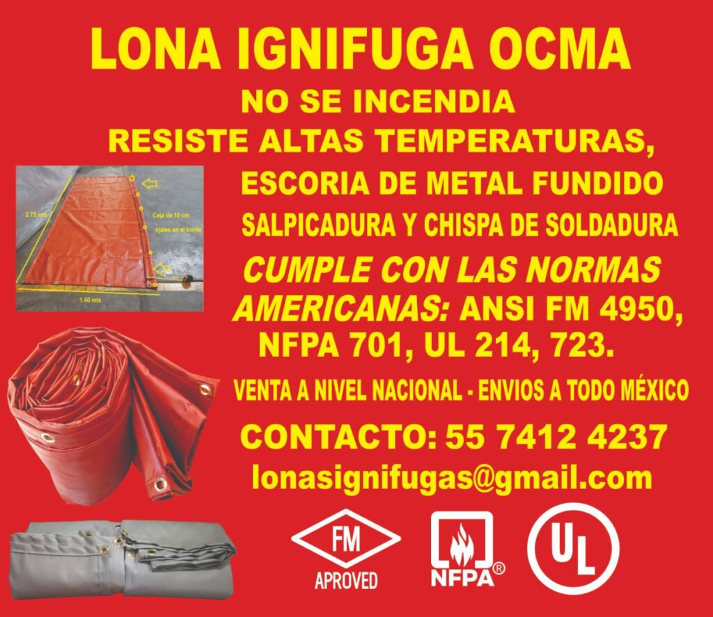 lona ignifuga ocma escrita con letras amarillas